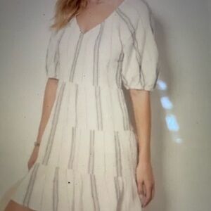 Evereve Alexia Striped Gauze V-Neck Puff Sleeve Tiered Mini Dress with Pockets!